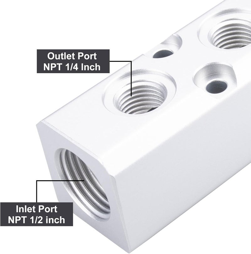 MARSTEK 2PCS Air Manifold, 3 Way 5 Port Air Compressor Manifold, Aluminum Air Hose Inline Manifold Block Splitter, Pneumatic Manifold Air Distribution Block, NPT 1/2 Inch Supply Port, NPT 1/4 Inch Output Port - Image 3
